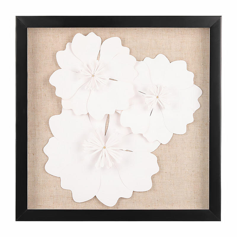 3 Paper White Flowers Black Frame Linen Bottom Wall Decoration Framed